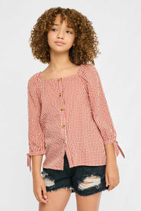 GY2807 RED Girls Gingham Tie Sleeve Buttoned Blouse Front