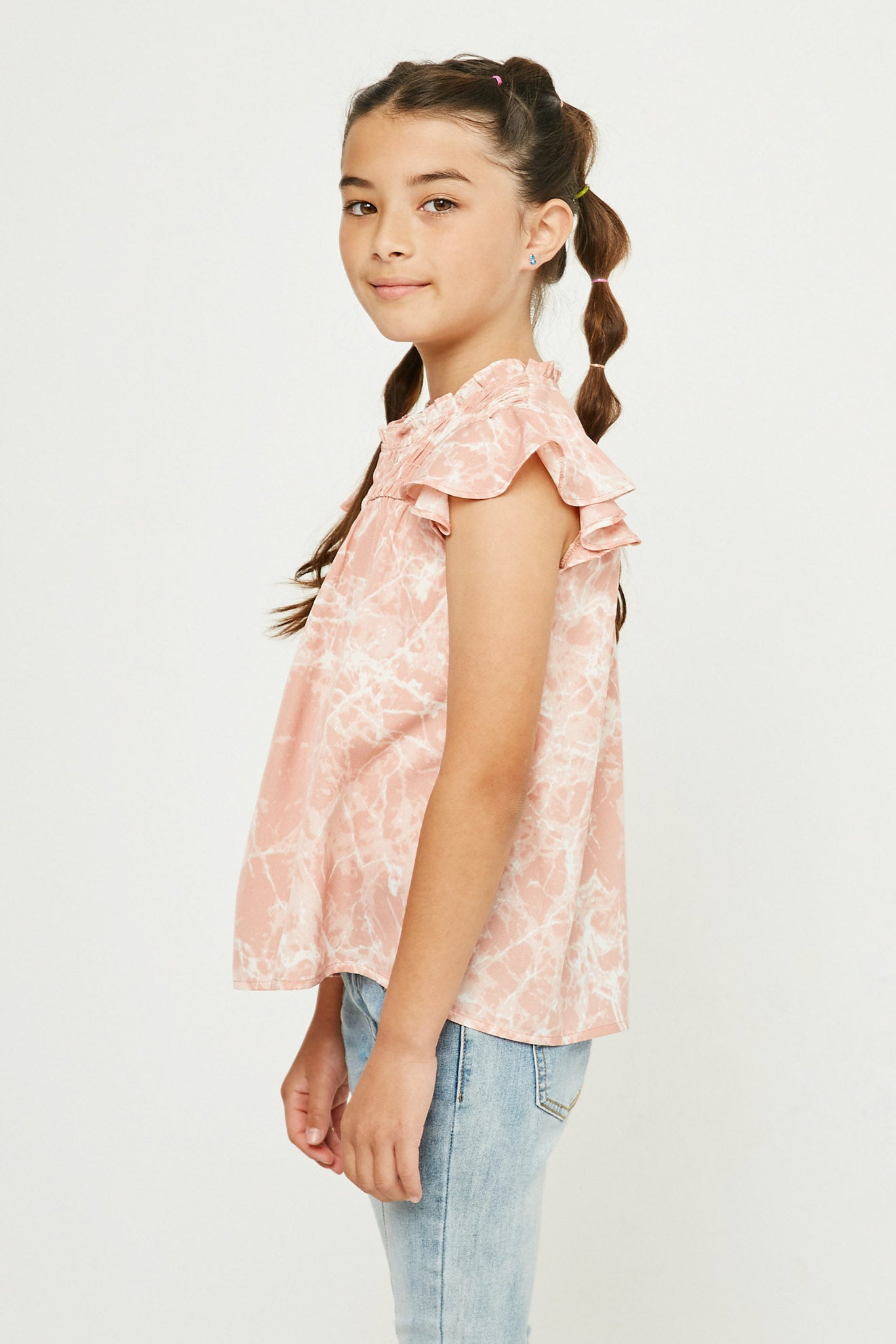 GY2812 MAUVE Girls Smocked Mock Neck Ruffle Tie Dye Top Side