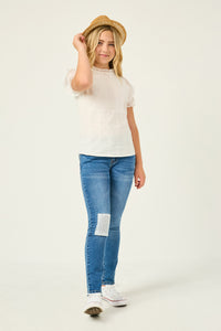 GY2814 Off White Girls Mix Media Ruffled Sleeve Textured Top Full Body