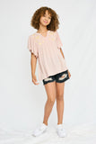 GY2825 BLUSH Girls Floral Embroidered Ruffle Sleeve Textured Top Full Body