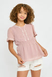 GY2827 MAUVE Girls Floral Embroidered Swiss Dot Top Front