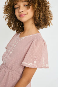 GY2827 MAUVE Girls Floral Embroidered Swiss Dot Top Detail
