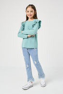 GY2837 MINT Girls Ruffled Long Sleeve Pocketed T Shirt Side