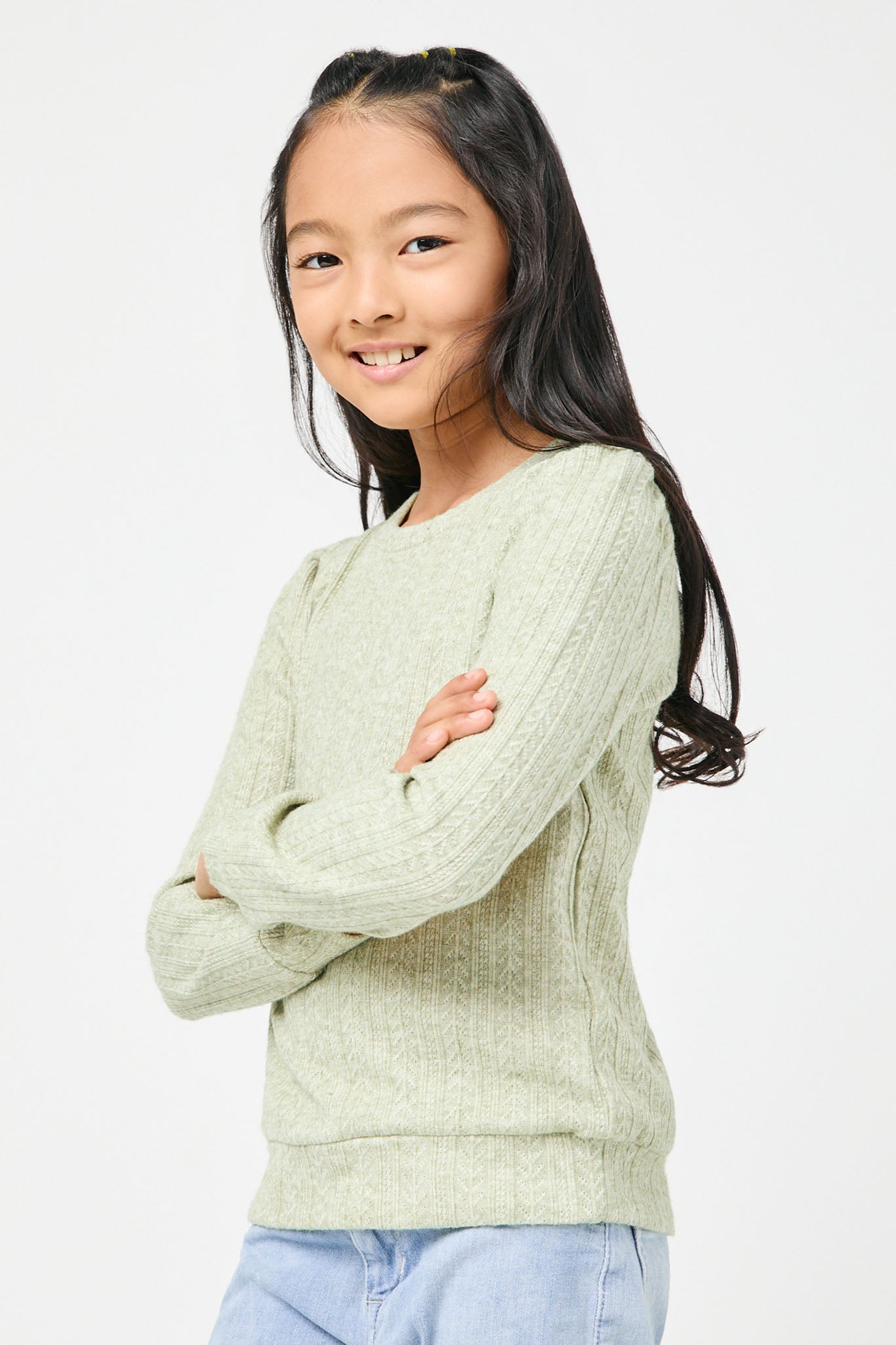 GY2857 SAGE Girls Long Sleeve Cable Knit Detail Top Side