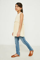 GY2869 IVORY Girls Sleeveless Ribbed Knit Crochet Trim Tank Side