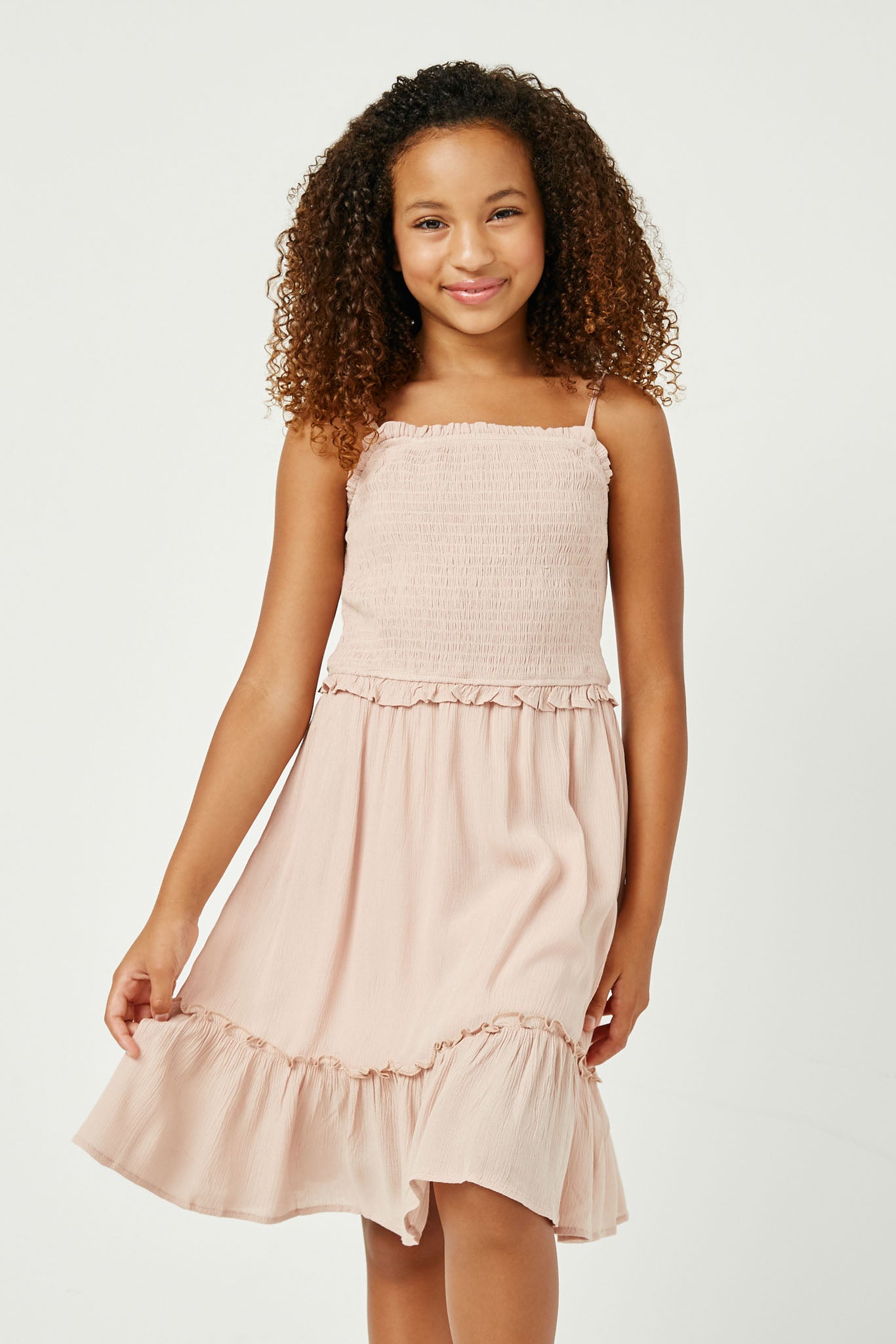 GY2880 BLUSH Girls Smocked Bodice Ruffle Detailed Dress Front