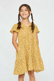GY2894 Mustard Girls Floral Buttoned Flutter Sleeve Dress Front