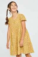 GY2894 Mustard Girls Floral Buttoned Flutter Sleeve Dress Side