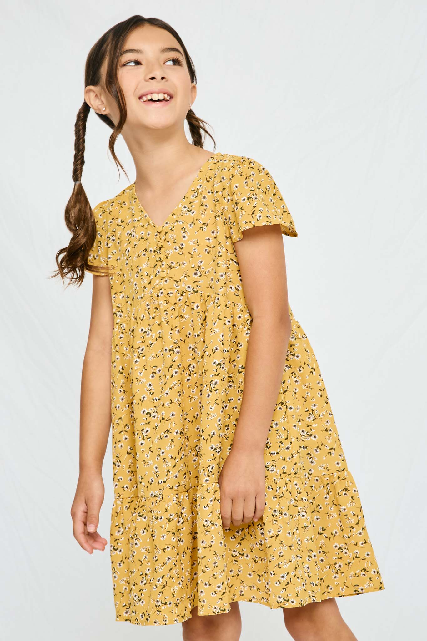 GY2894 Mustard Girls Floral Buttoned Flutter Sleeve Dress Side