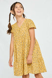 GY2894 Mustard Girls Floral Buttoned Flutter Sleeve Dress Side