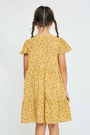 GY2894 Mustard Girls Floral Buttoned Flutter Sleeve Dress Back