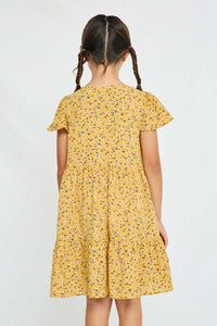 GY2894 Mustard Girls Floral Buttoned Flutter Sleeve Dress Back
