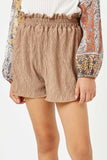 GY2924 BROWN Girls Textured Pleated Elastic Waist Shorts Side