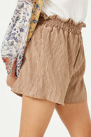 GY2924 BROWN Girls Textured Pleated Elastic Waist Shorts Detail