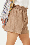 GY2924 BROWN Girls Textured Pleated Elastic Waist Shorts Detail