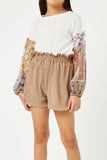 GY2924 BROWN Girls Textured Pleated Elastic Waist Shorts Front