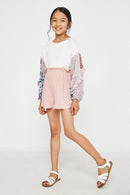 GY2924 MAUVE Girls Textured Pleated Elastic Waist Shorts Side