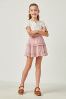 GY2927 PINK Girls Elastic Waisted Ruffle Hem Swiss Dot Skirt Front
