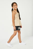 GY2934 CREAM Girls Textured Ruffle Strap Polka Dot Peplum Top Side