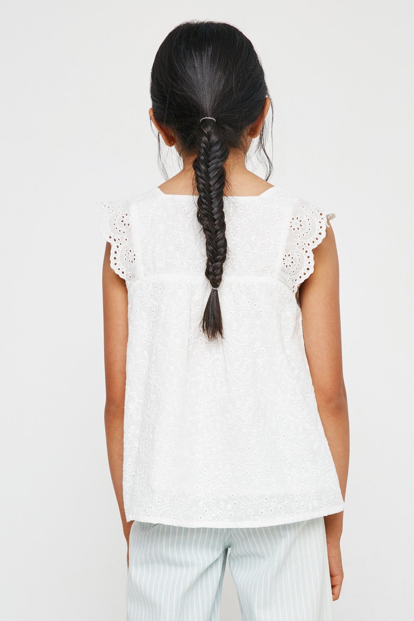 GY2940 OFF WHITE Lace Shoulder Eyelet Peplum Top Back
