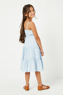 GY2943 BLUE Girls Button Down Ruffle Tiered Sleeveless Dress Back