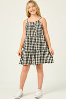 GY2954 Black Girls Gingham Tiered Sleeveless Dress Full Body