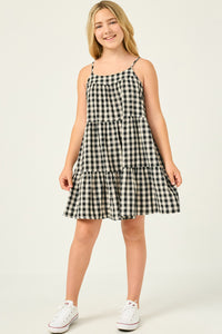 GY2954 Black Girls Gingham Tiered Sleeveless Dress Full Body