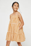 GY2954 Orange Girls Gingham Tiered Sleeveless Dress Front