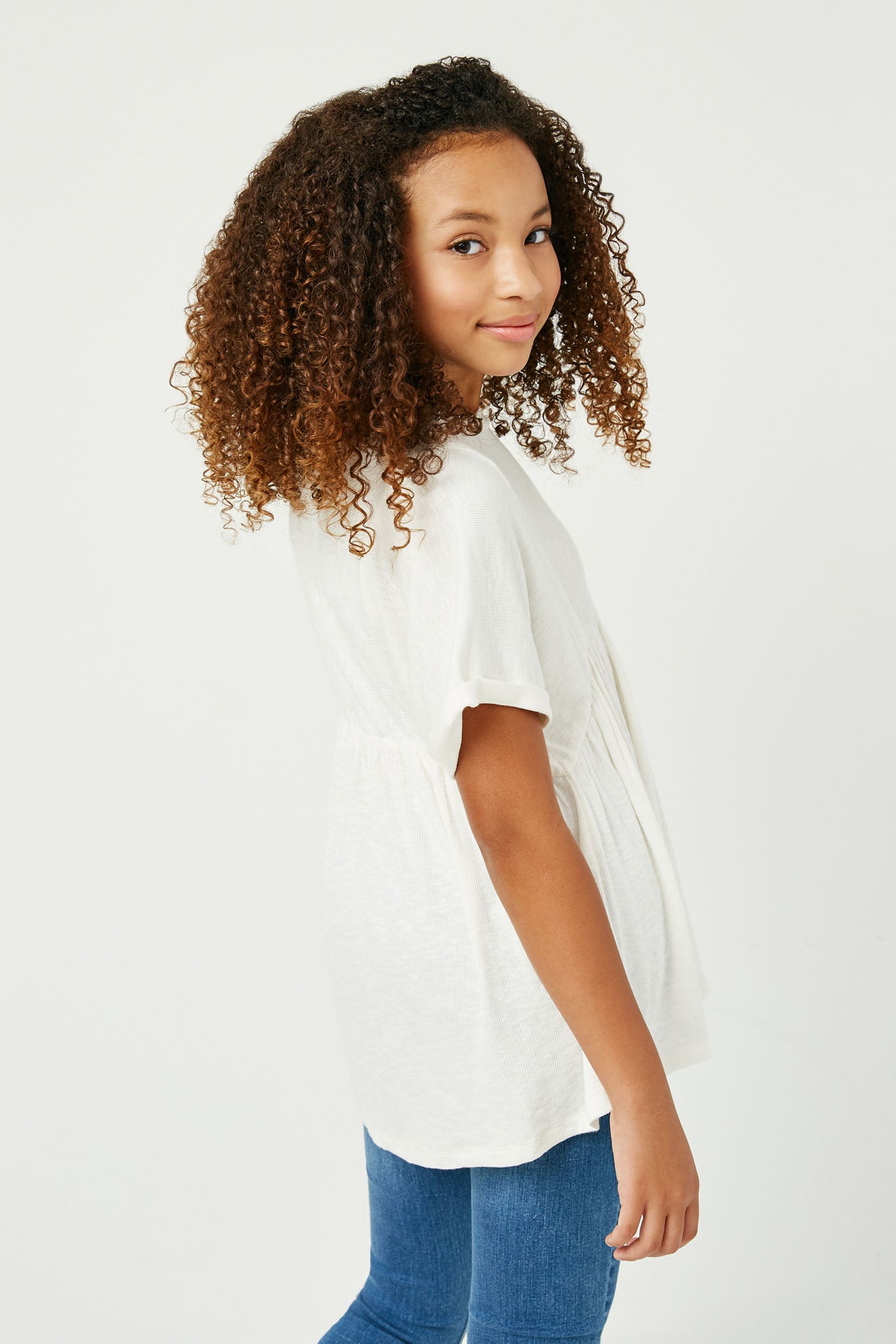 GY2958 OFF WHITE Girls Ribbed Knit Paneled Baby Doll Top Back