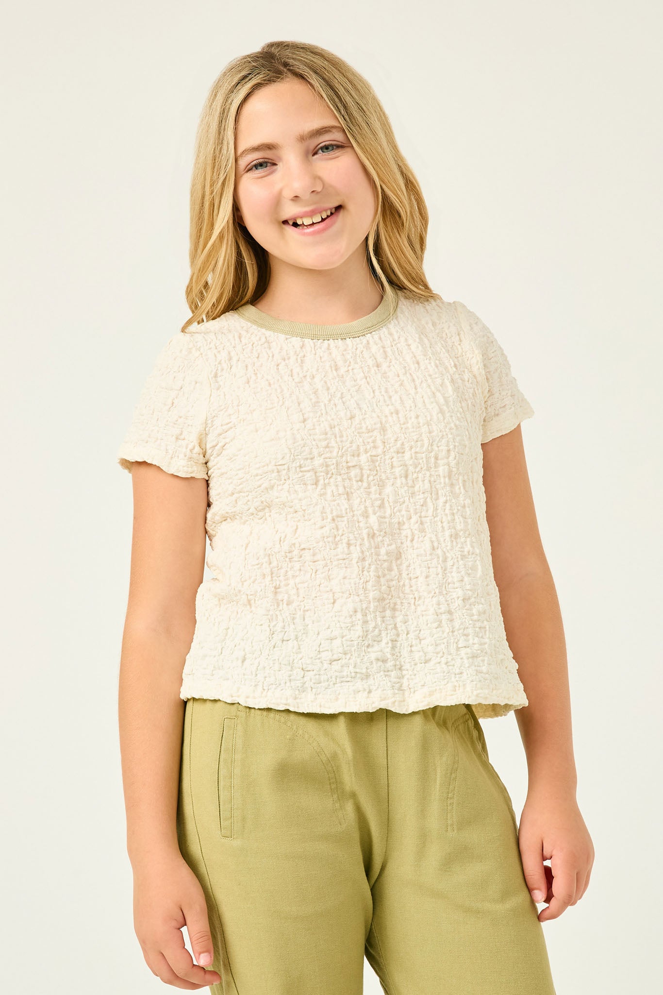 GY2962 IVORY Girls Textured Contrast Band Tee Front
