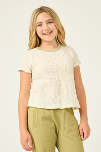 GY2962 IVORY Girls Textured Contrast Band Tee Front