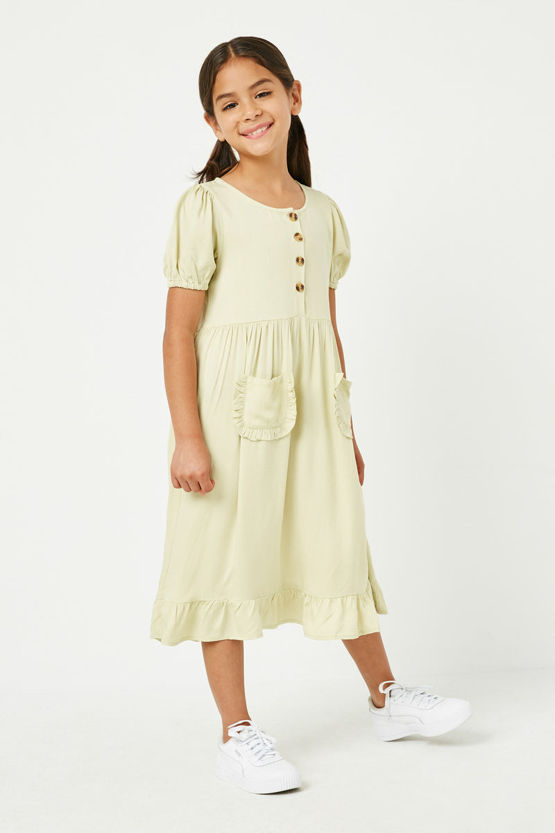 GY2966 SAGE Girls Ruffled Pocket Buttoned Dress Full Body