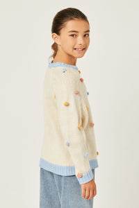GY2974 IVORY Girls Contrast Band Multicolor Pom Pom Sweater Top Back