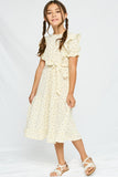GY2980 YELLOW Girls Textured Ditsy Floral Belted Dress Full Body