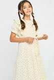 GY2980 YELLOW Girls Textured Ditsy Floral Belted Dress Front