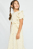 GY2980 YELLOW Girls Textured Ditsy Floral Belted Dress Side