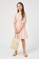 GY2999 MAUVE Girls V Neck Buttoned Eyelet Mixed Media Dress Full Body