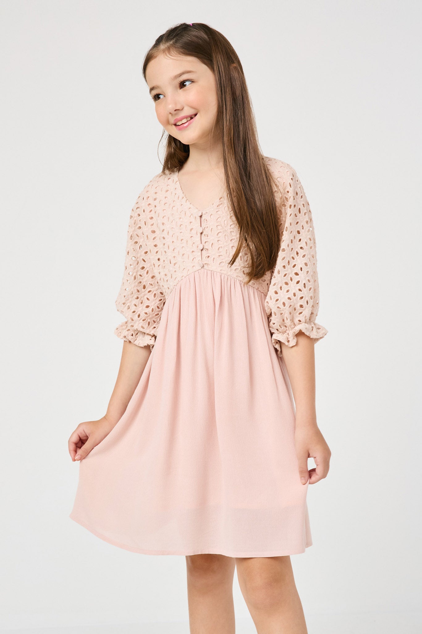 Buttoned Eyelet Mixed Media Dress