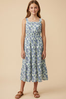 Floral Print Pleat Detail Sleeveless Poplin Dress