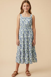 Floral Print Pleat Detail Sleeveless Poplin Dress