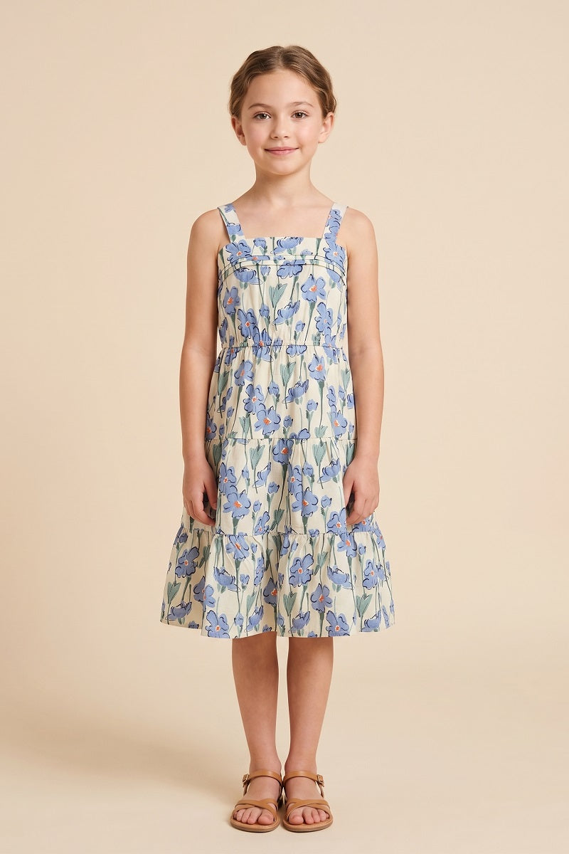Floral Print Pleat Detail Sleeveless Poplin Dress
