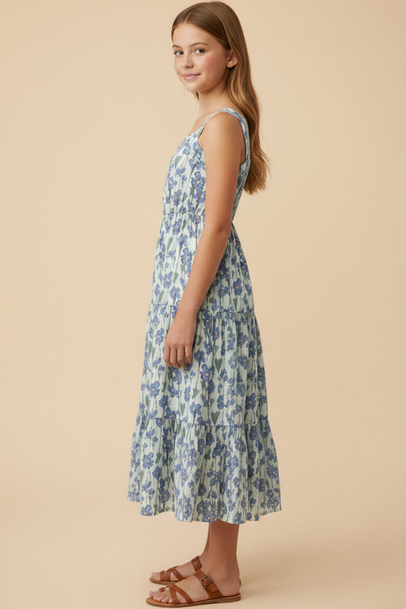 Floral Print Pleat Detail Sleeveless Poplin Dress