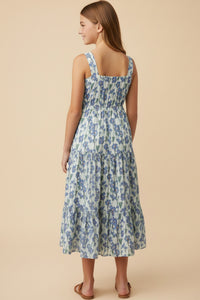 Floral Print Pleat Detail Sleeveless Poplin Dress