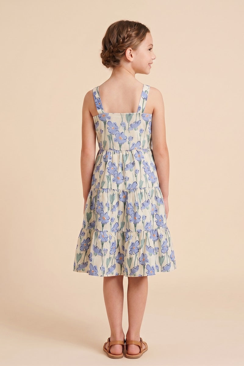Floral Print Pleat Detail Sleeveless Poplin Dress