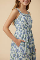 Floral Print Pleat Detail Sleeveless Poplin Dress