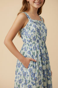 Floral Print Pleat Detail Sleeveless Poplin Dress