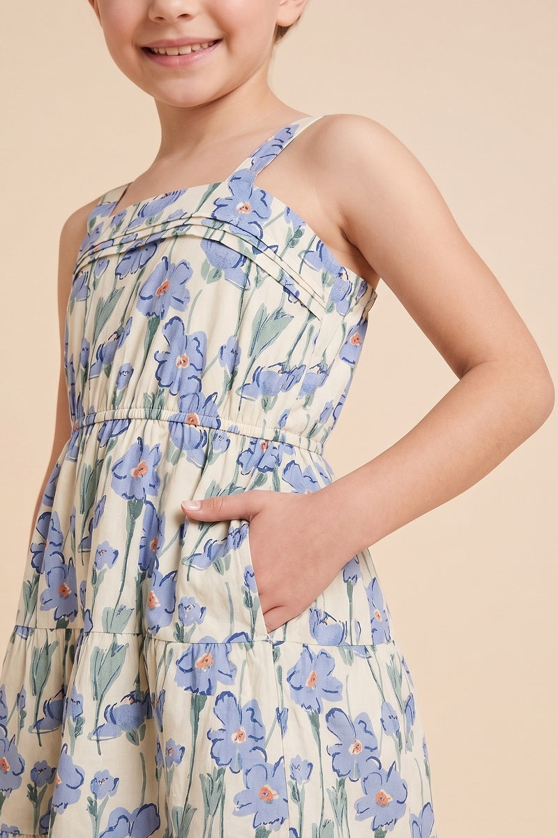 Floral Print Pleat Detail Sleeveless Poplin Dress