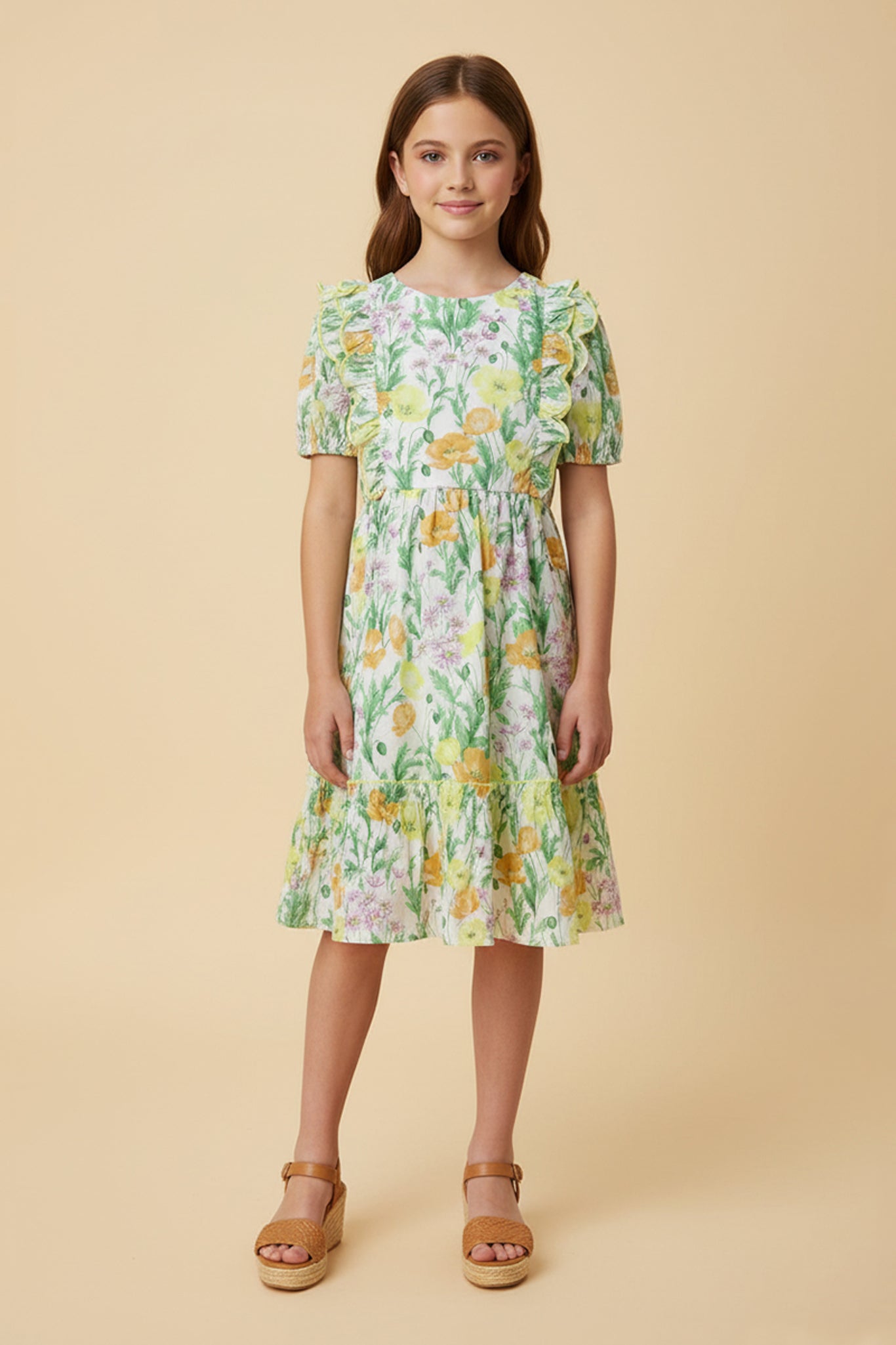 Floral Contrast Scalloped Ruffle Dress