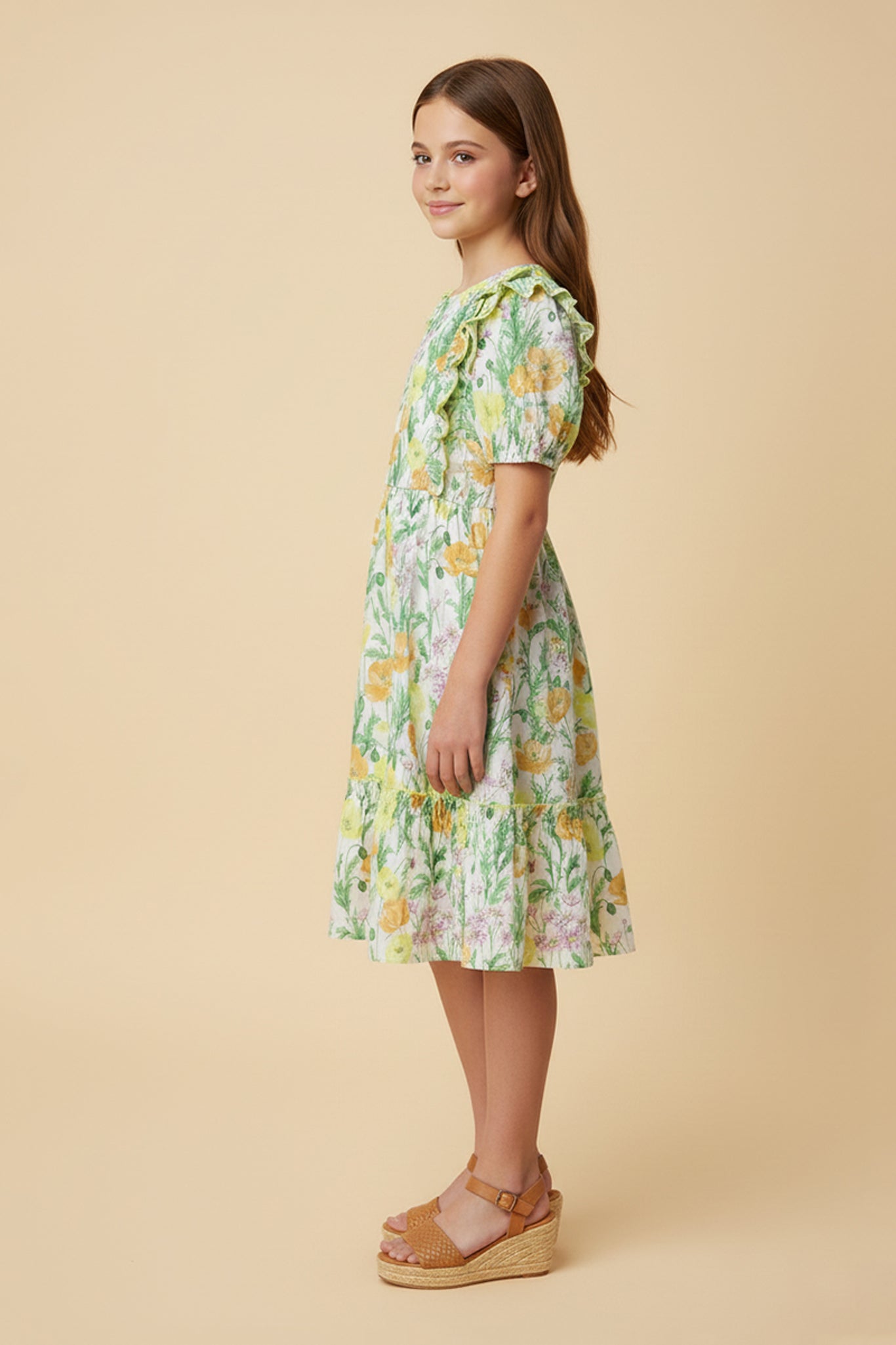 Floral Contrast Scalloped Ruffle Dress