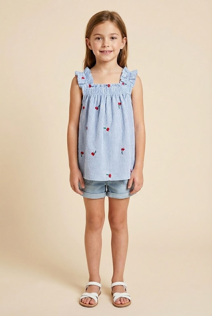 Cherry Embroidered Ruffle Strap Tank
